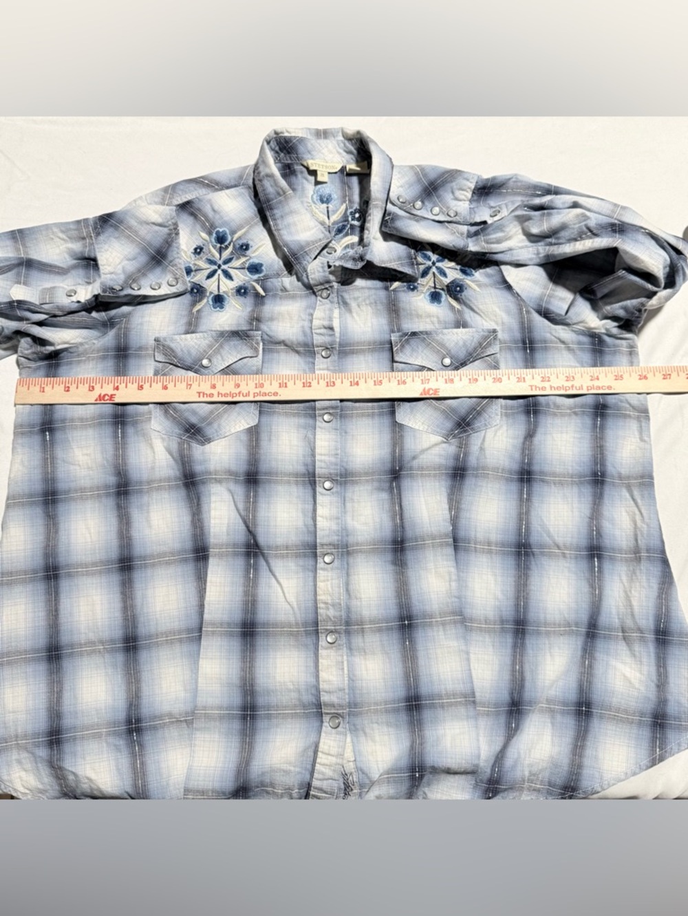 Stetson Women’s Embroidered Blue Plaid Western Button Up Collared Shirt Size 2X - Picture 5 of 10
